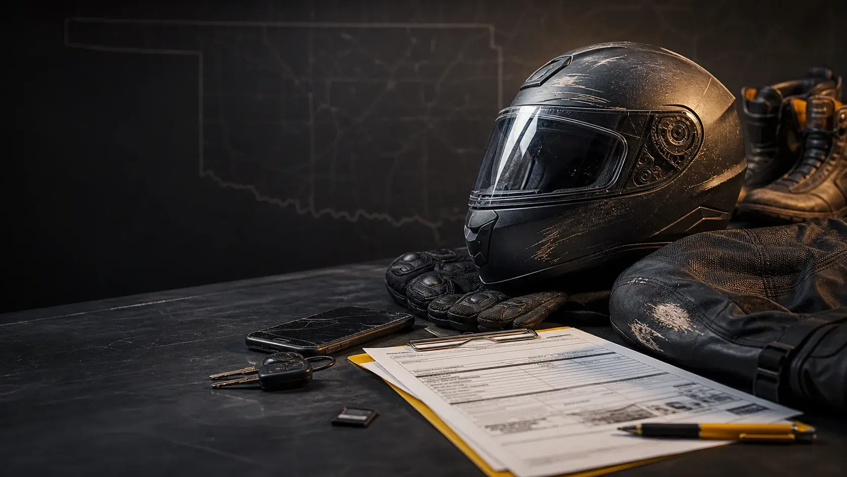 Motorcycle helmet, gloves, damaged riding gear, tow paperwork, and repair documents on a workbench