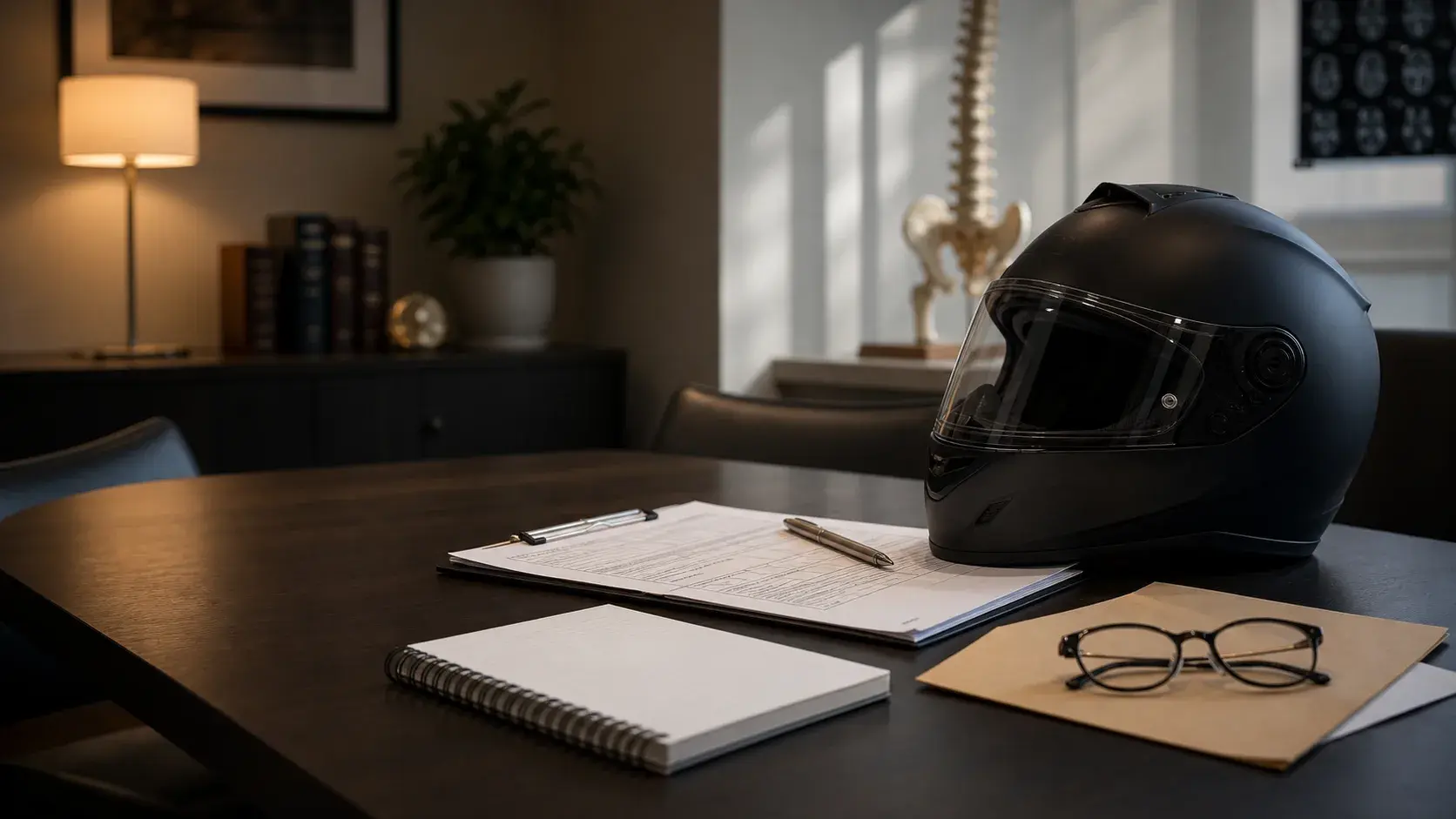 Quiet hospital consultation room with a motorcycle helmet, notebook, and medical forms on a table