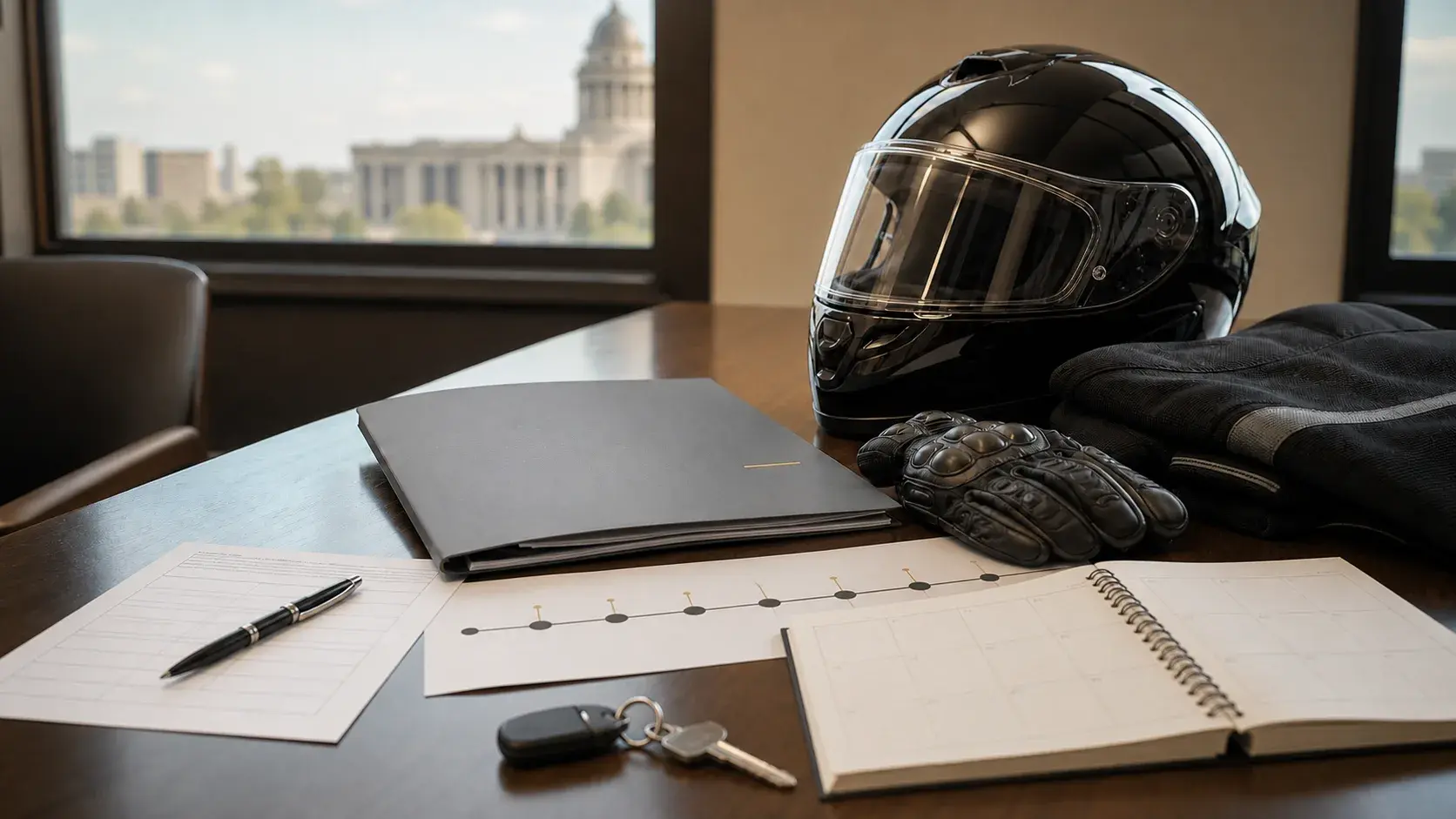Motorcycle helmet, gloves, case file, blank calendar, paper timeline, insurance papers, pen, and motorcycle key on a law office conference table
