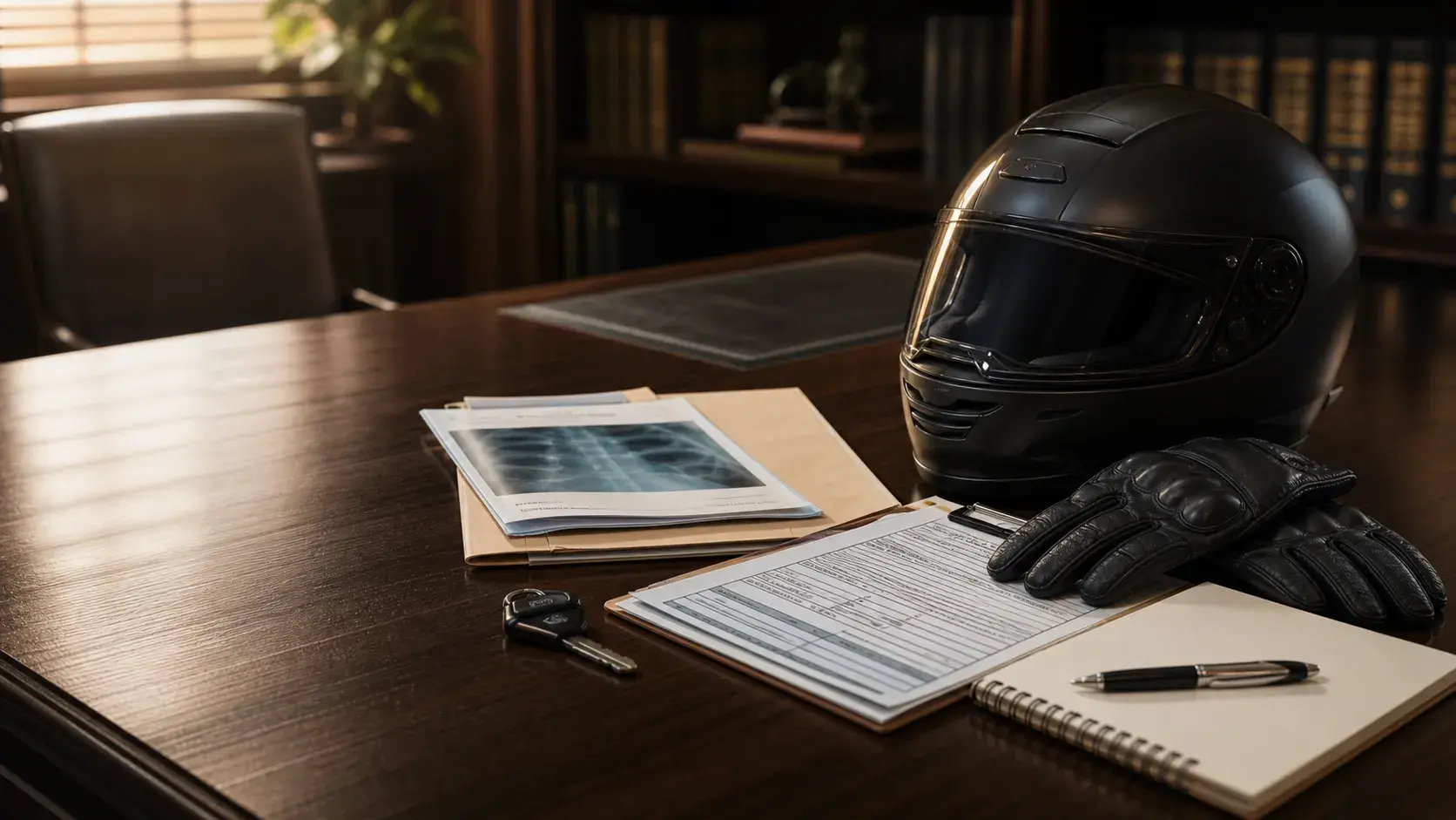 Motorcycle helmet, gloves, keys, medical folder, and insurance papers arranged on a law office conference table