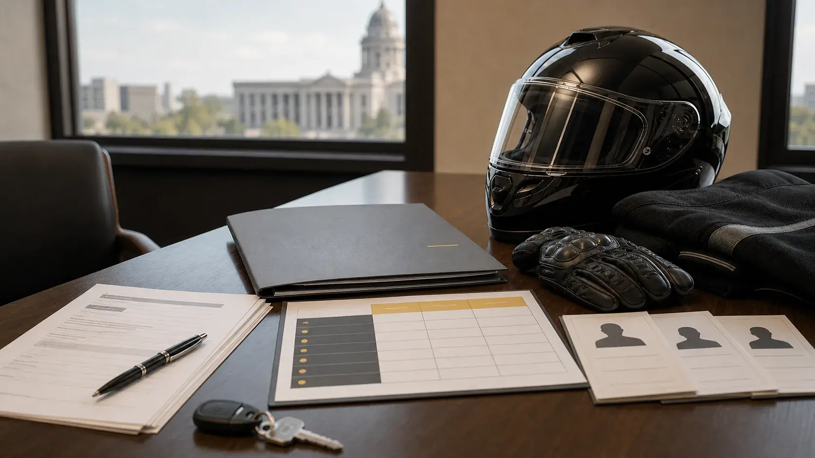 Motorcycle helmet, gloves, blank lawyer comparison checklist, case file, attorney profile cards, insurance papers, and motorcycle key on a law office conference table