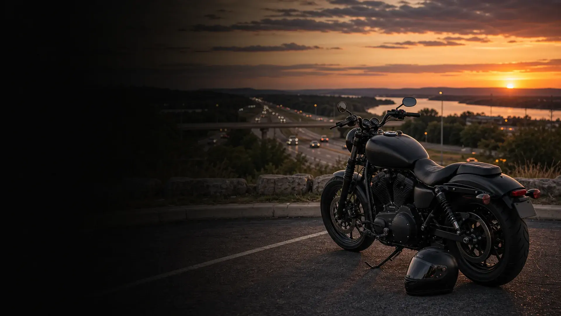Motorcycle parked safely near a Durant southern Oklahoma highway corridor at sunset