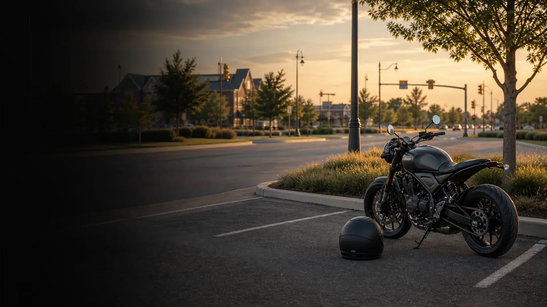 Motorcycle parked safely near an Edmond suburban intersection and landscaped arterial at golden hour