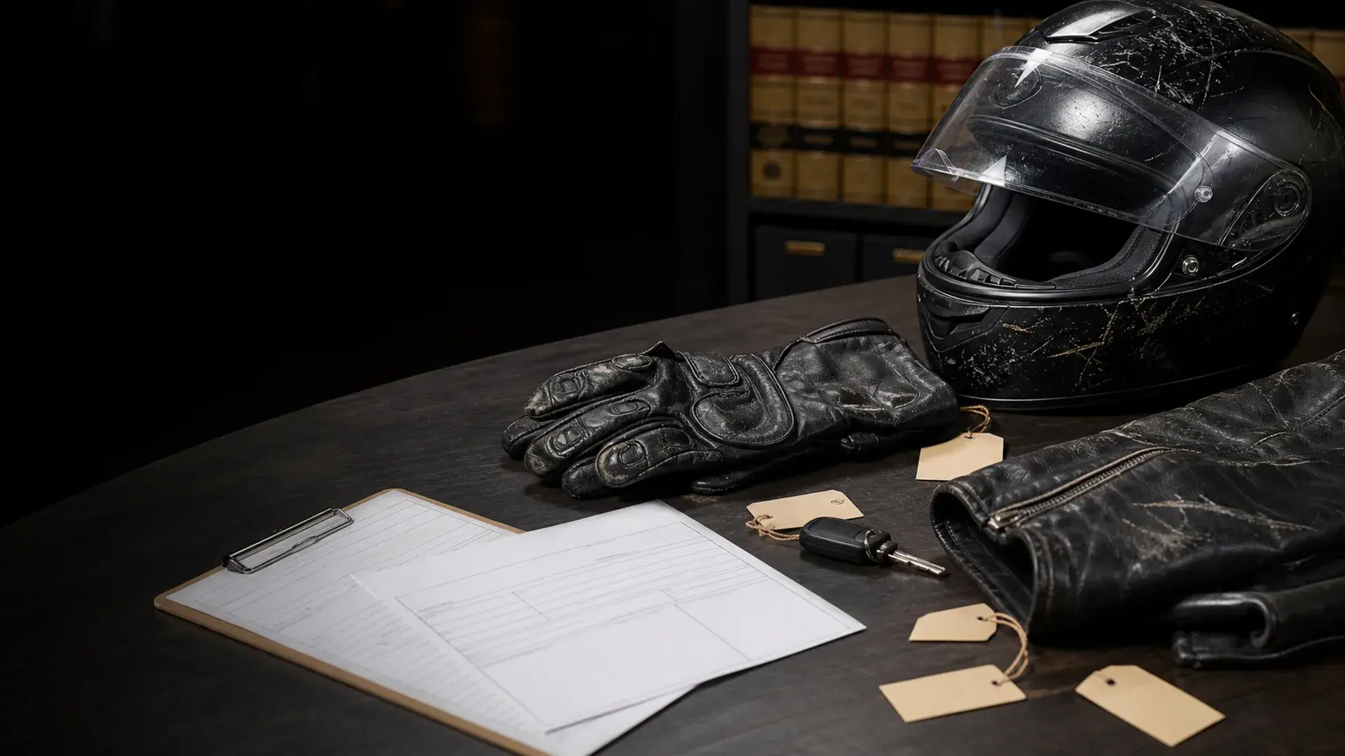 Damaged helmet, gloves, jacket, keys, tow paperwork, and repair notes preserved on an evidence table