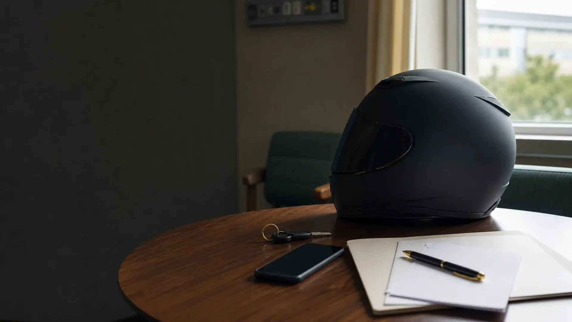 Plain hospital folder, motorcycle helmet, phone, key, and family notes arranged in a quiet consultation room