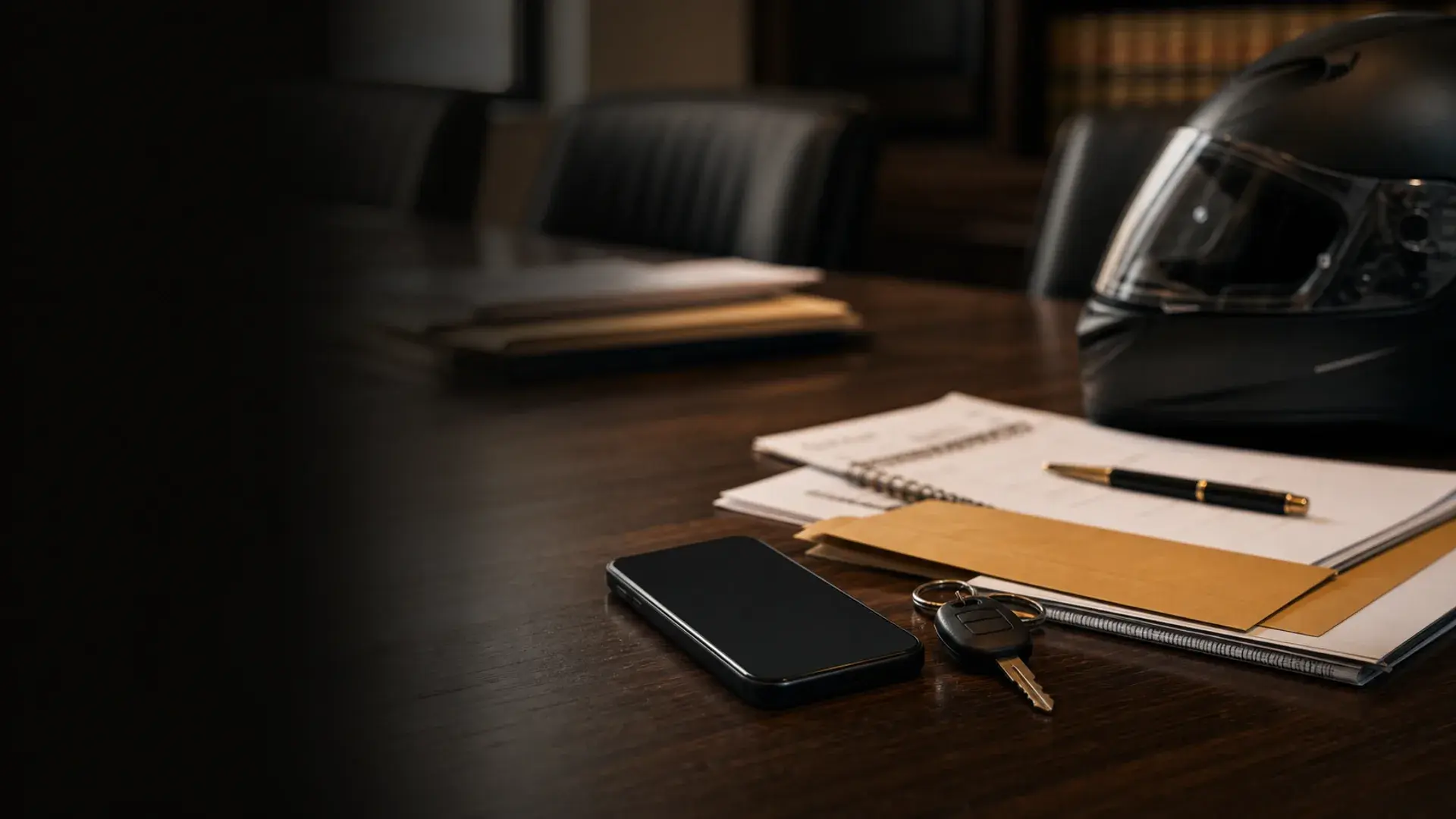 Insurance-call folder, phone, motorcycle key, pen, and blank claim notes arranged on a law office table