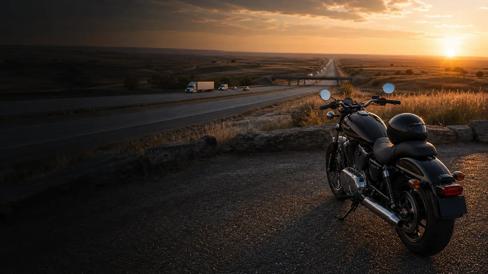 Motorcycle parked safely near an Oklahoma east-west interstate at sunset