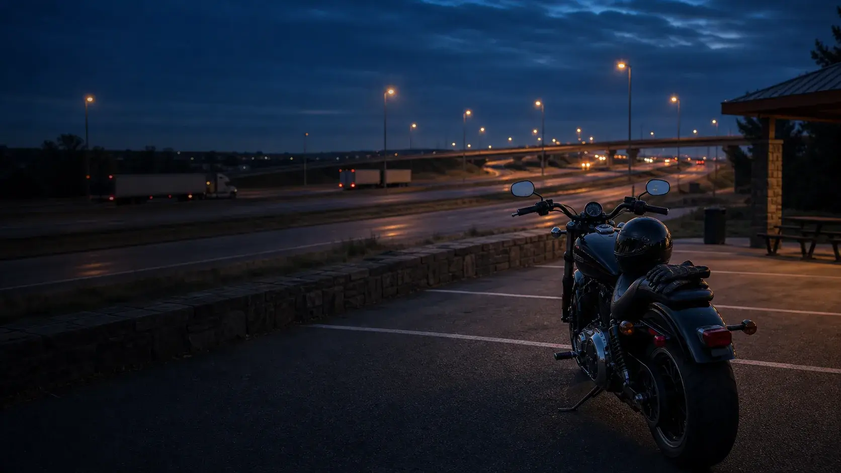 Motorcycle parked safely at an Oklahoma turnpike rest area near interstate lanes at blue hour