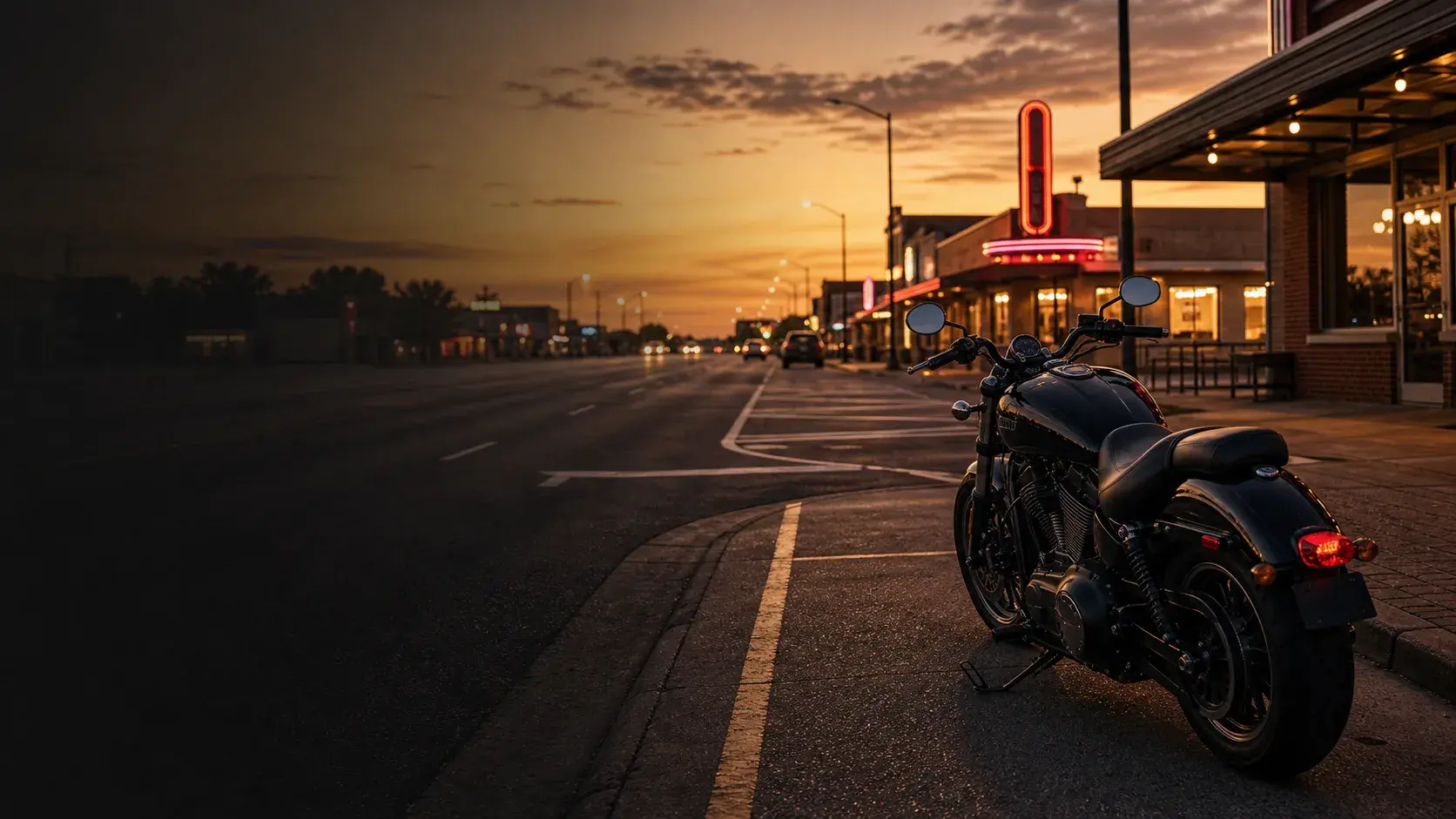 Motorcycle parked safely near an Oklahoma historic roadside corridor at golden hour