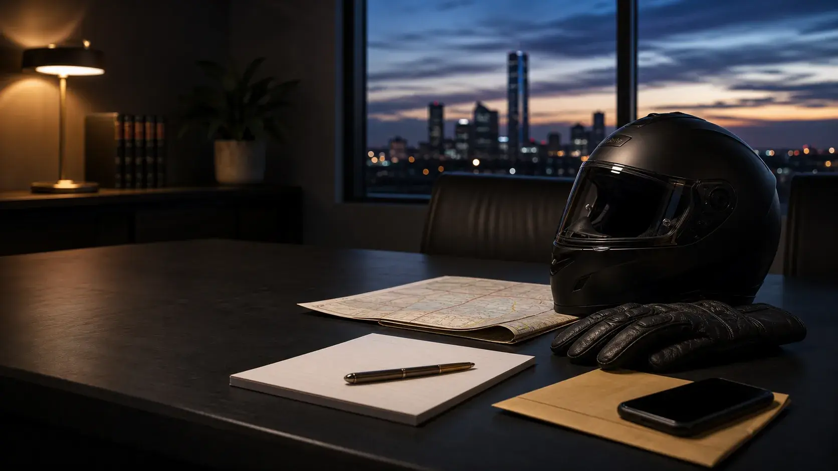 Motorcycle helmet, gloves, map, notebook, and insurance papers on a law office table with the Oklahoma City skyline at dusk