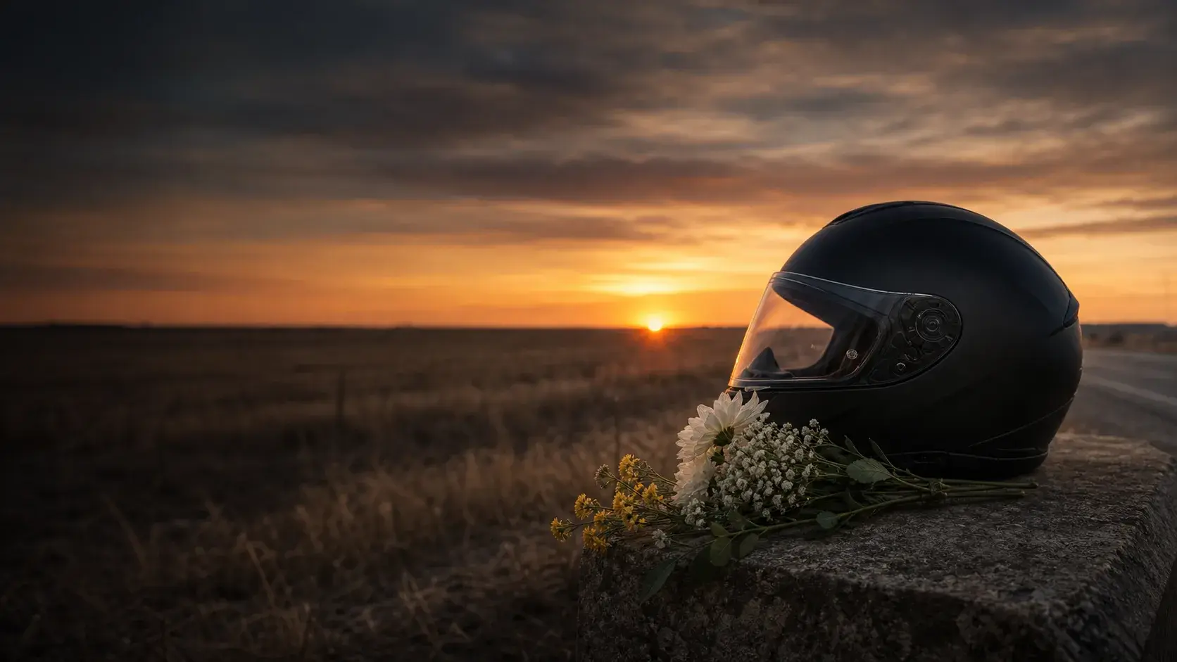 Quiet Oklahoma roadside at sunset with a motorcycle helmet and flowers placed respectfully away from traffic