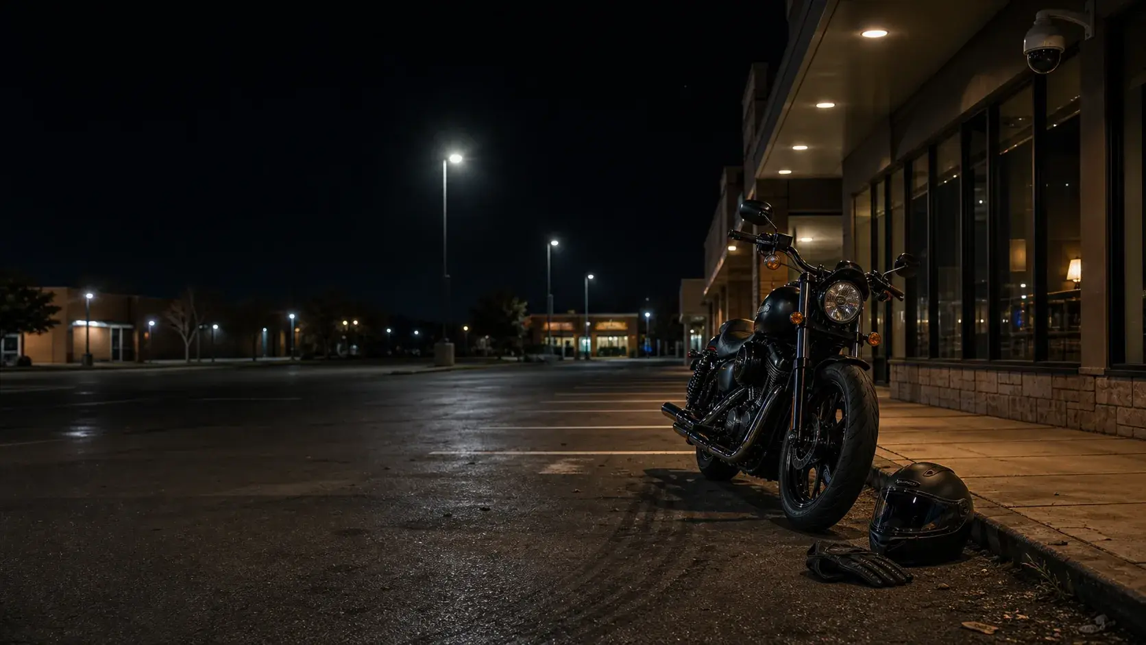 Dim Oklahoma street with a parked motorcycle, streetlights, and nearby storefront cameras after dark
