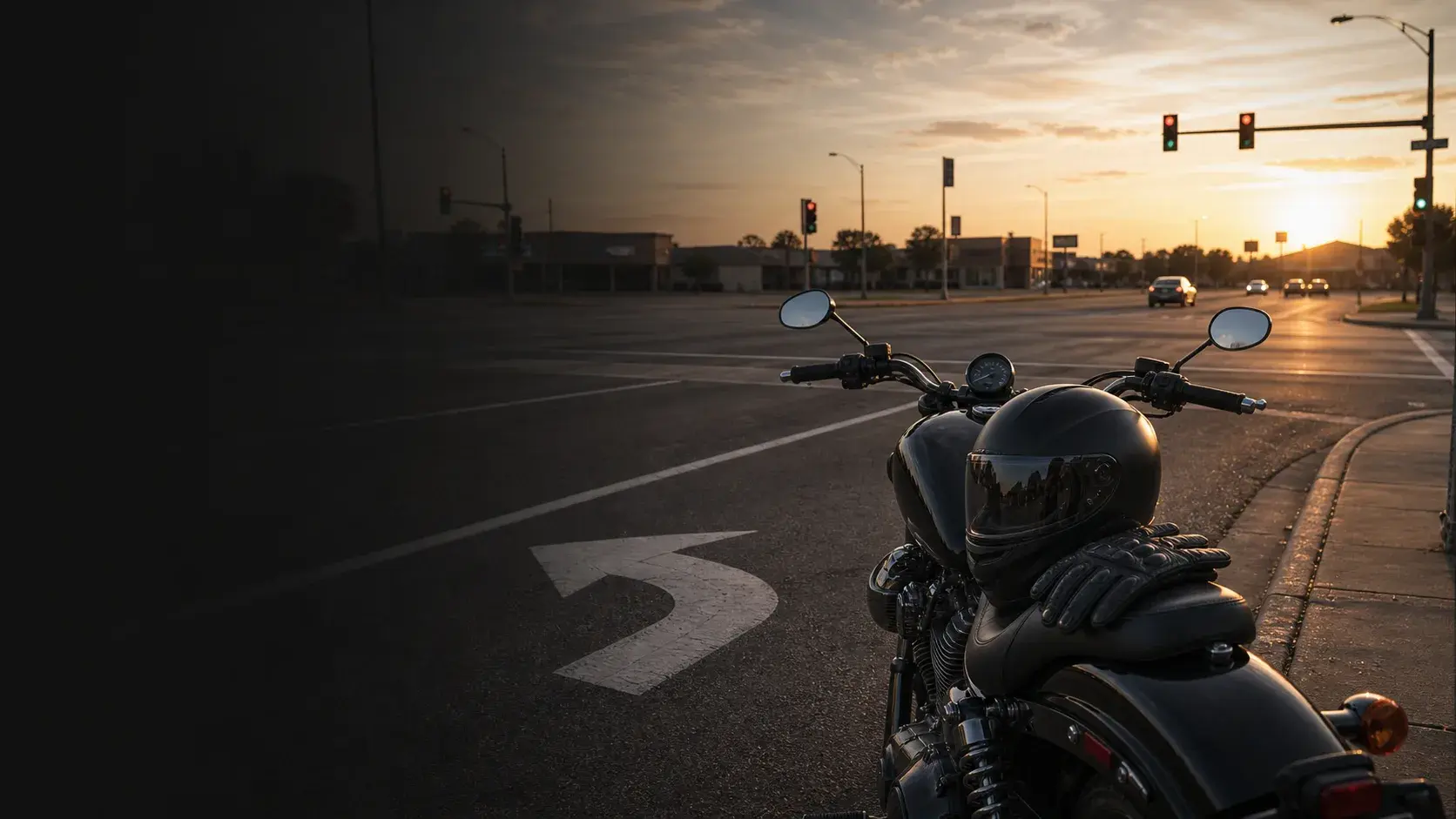 Oklahoma intersection at sunrise with a motorcycle stopped safely and a turning lane visible