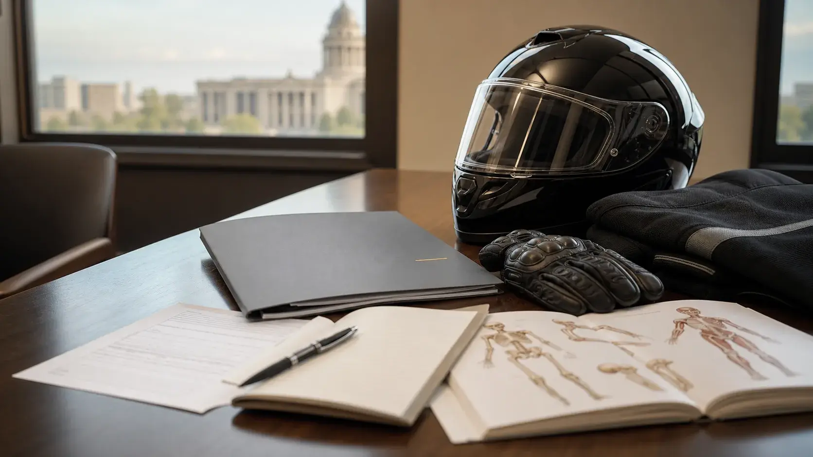 Motorcycle helmet, gloves, medical folder, blank notes, and anatomy reference book on a law office conference table near an Oklahoma courthouse window