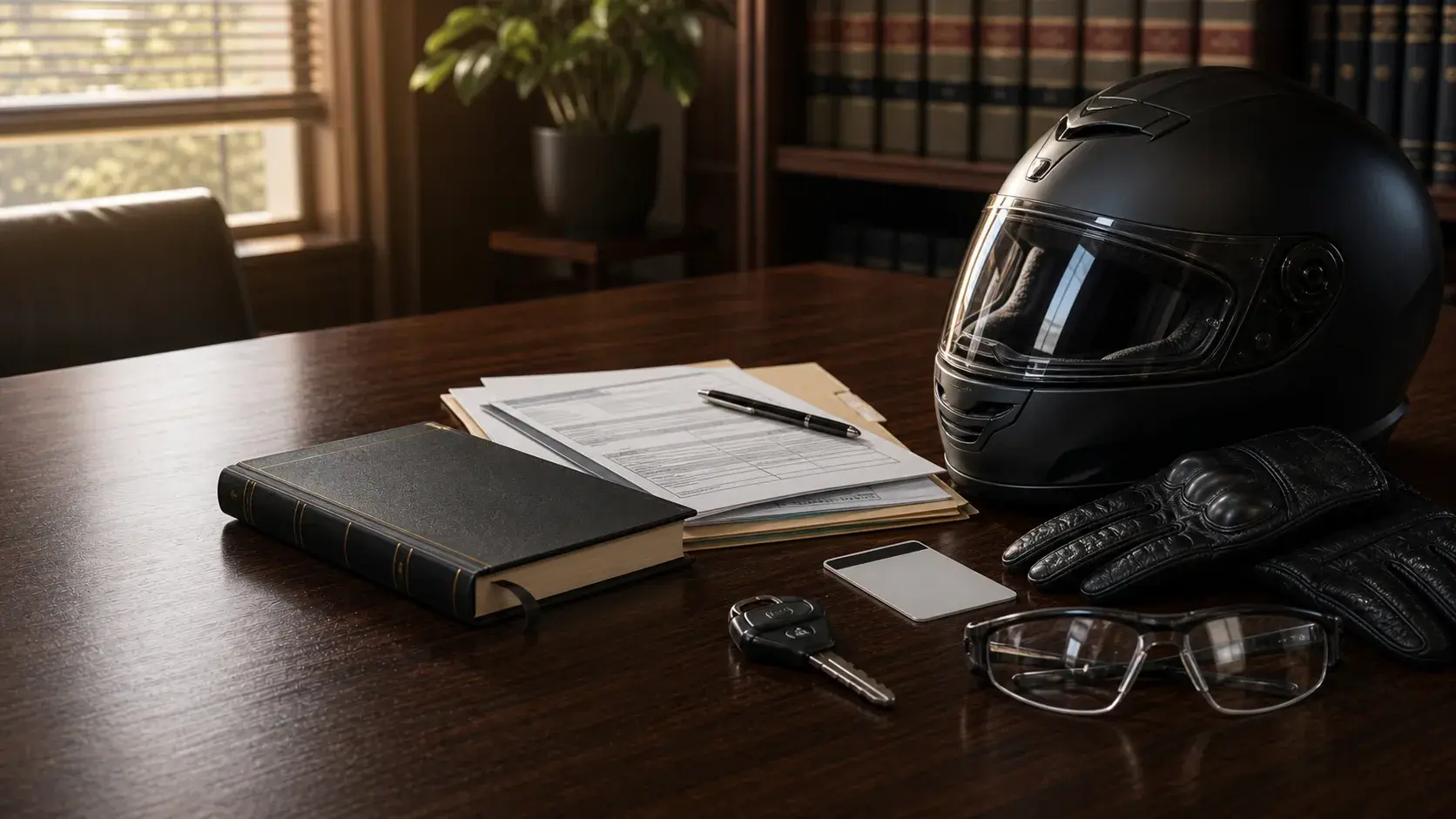 Motorcycle helmet, protective eyewear, gloves, insurance papers, and legal materials arranged on a law office table