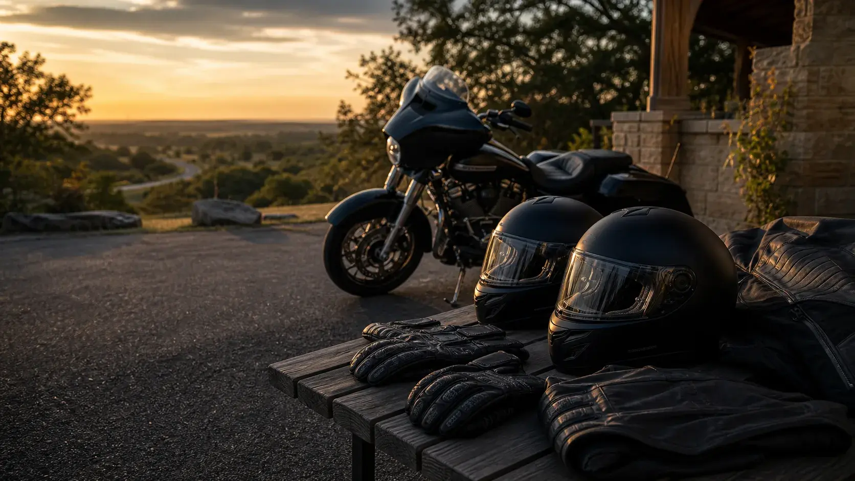 Two motorcycle helmets and riding jackets on a bench beside a parked motorcycle in Oklahoma