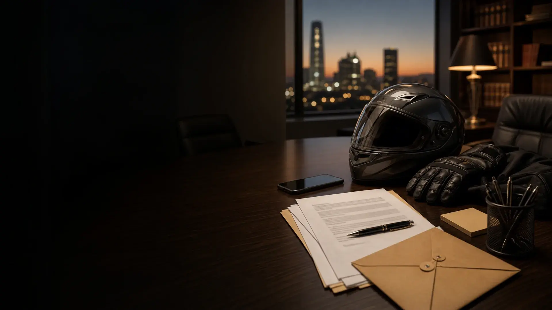 Motorcycle helmet, gloves, sealed envelope, phone, and private case-review papers in an Oklahoma law office