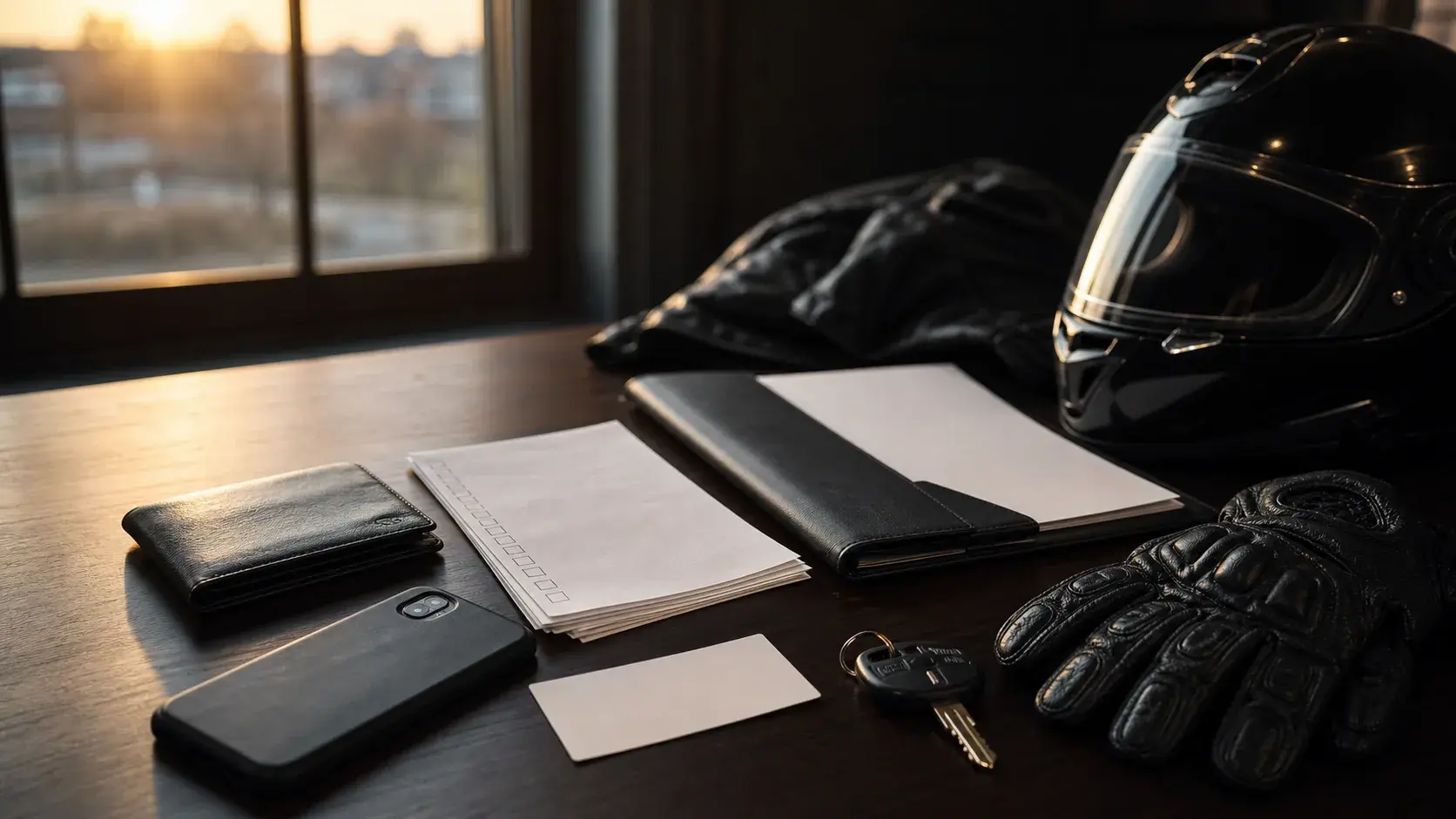 Motorcycle helmet, gloves, keys, phone, and blank checklist papers on a law office desk