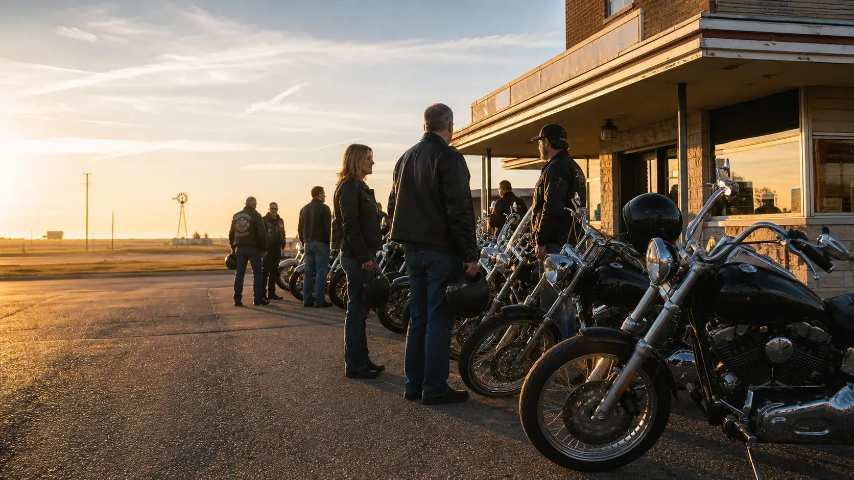 Oklahoma motorcycle riders standing beside parked motorcycles outside a small town building at sunrise