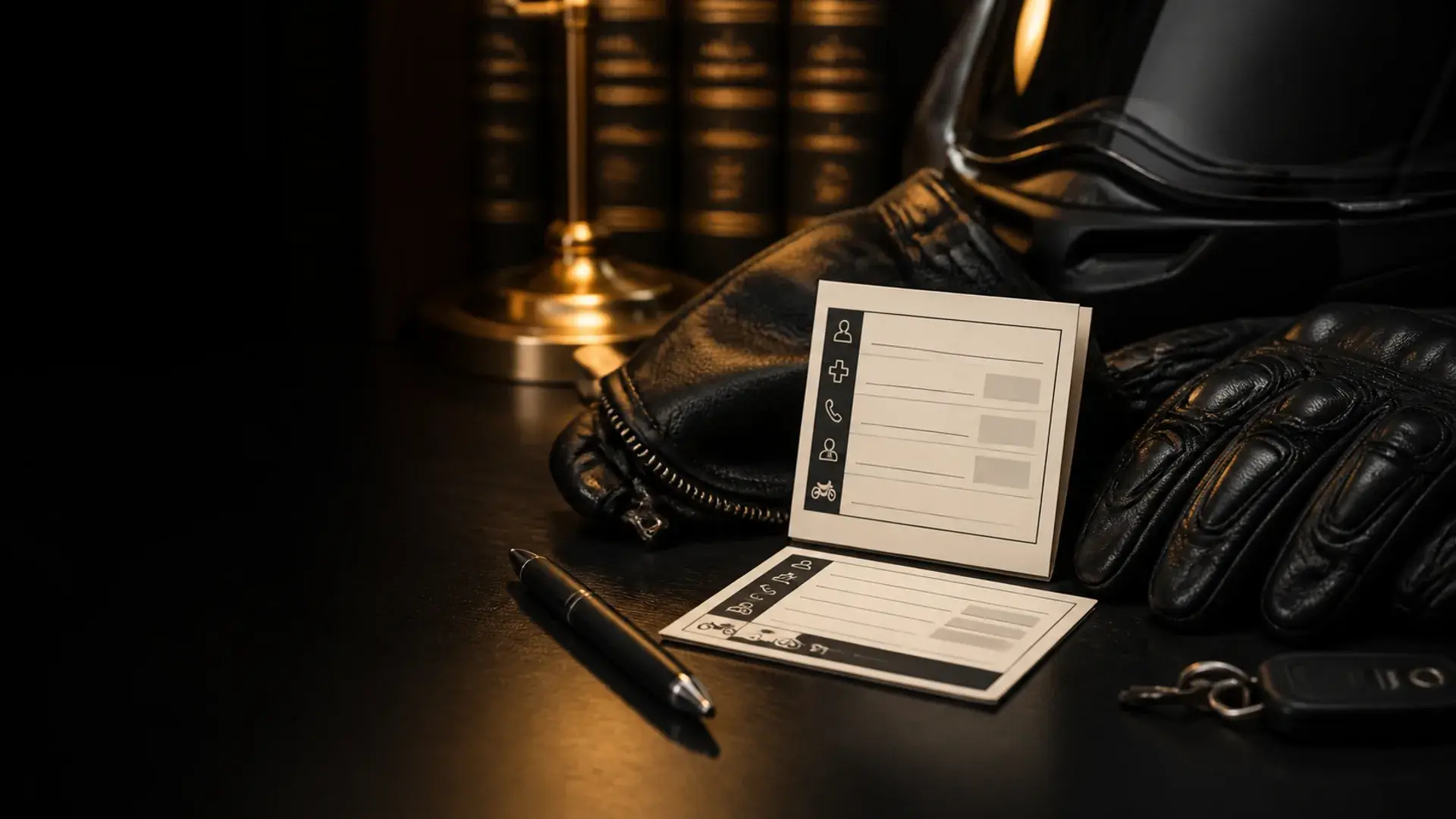 Printable rider wallet card with helmet, leather jacket, gloves, keys, and pen on a law office table