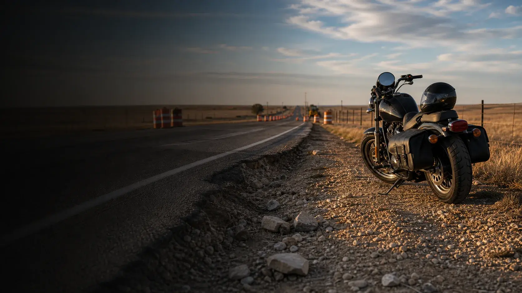 Oklahoma road shoulder with gravel, construction barrels, and a motorcycle parked safely off the roadway