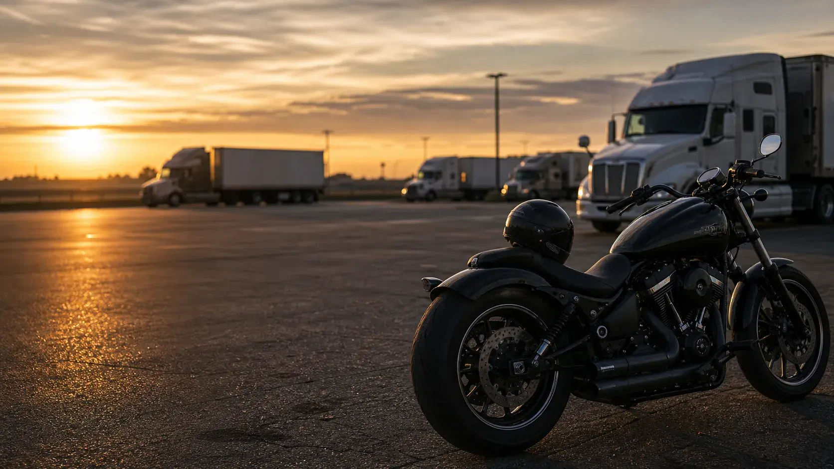 Oklahoma highway rest area with a motorcycle parked safely near distant commercial trucks