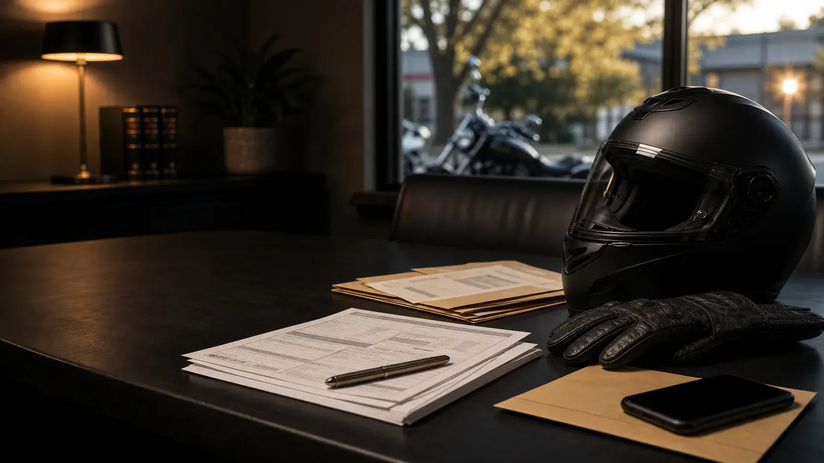 Motorcycle insurance declarations pages and riding gloves on a table with a motorcycle parked outside