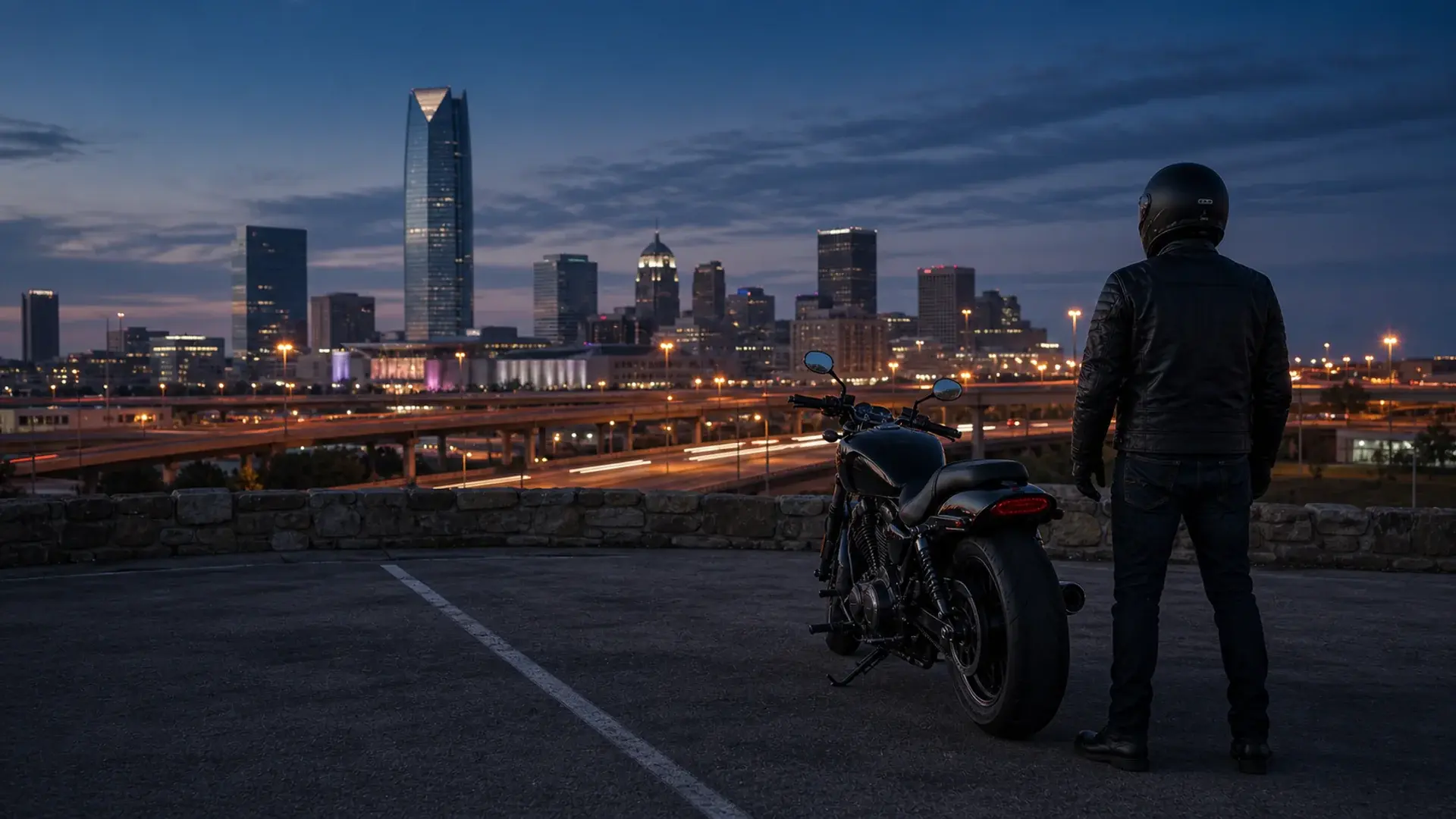 Motorcycle parked safely with Oklahoma City skyline in the distance
