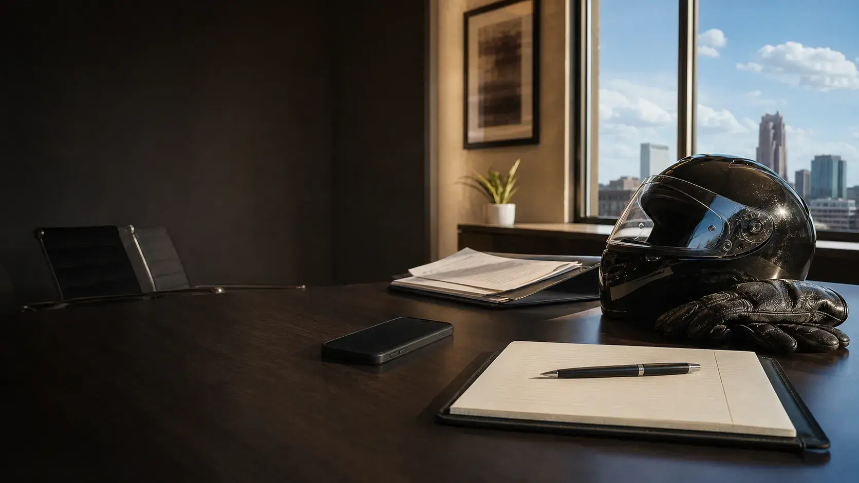 Motorcycle helmet, phone, notebook, and insurance papers arranged for an Oklahoma crash case-review request