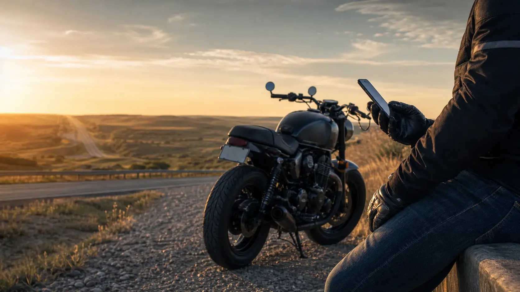Motorcycle helmet, phone, map, and checklist arranged for Oklahoma crash next steps