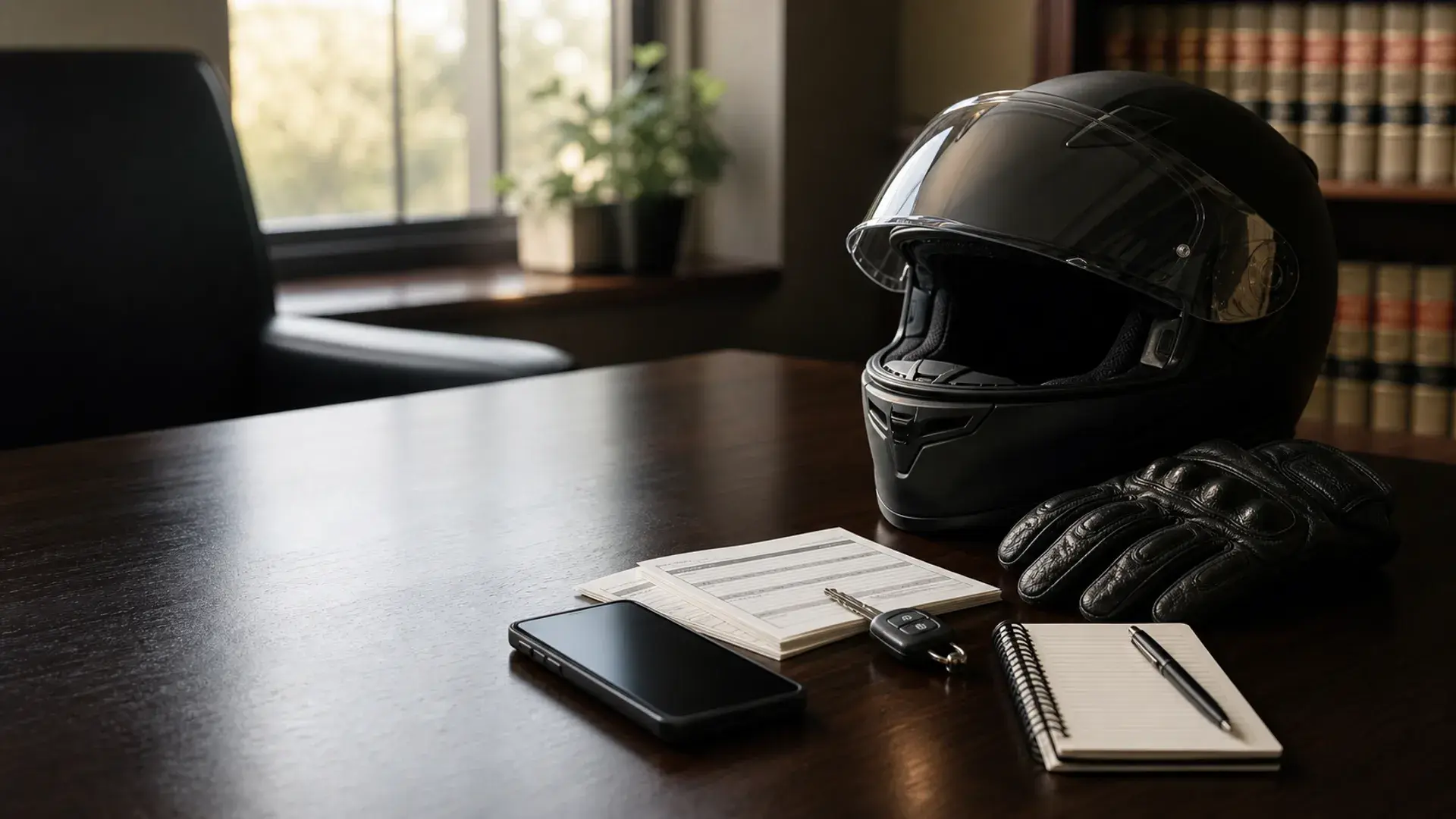 Motorcycle helmet, phone, keys, gloves, and first-day crash notes arranged on a law office table