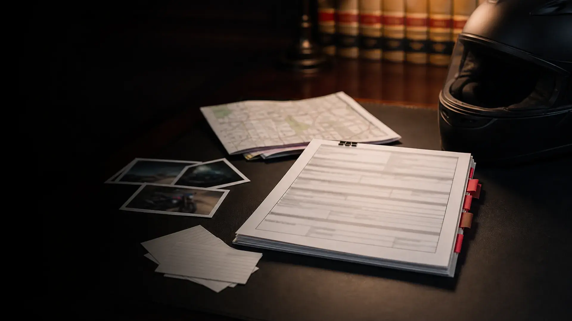 Police-report packet, witness notes, scene photos, red tabs, and motorcycle helmet organized on a law office table