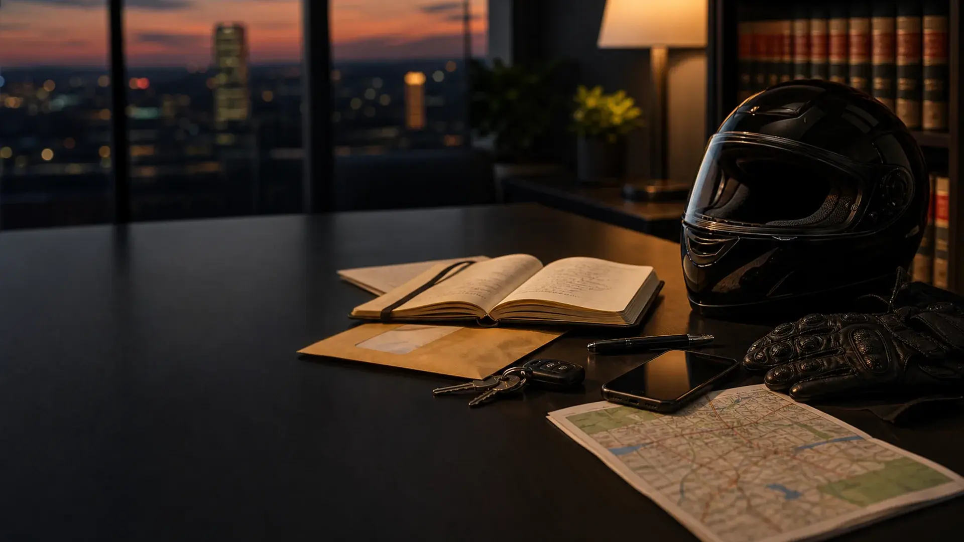 Motorcycle helmet, phone, keys, map, notebook, and insurance papers arranged for an Oklahoma crash contact