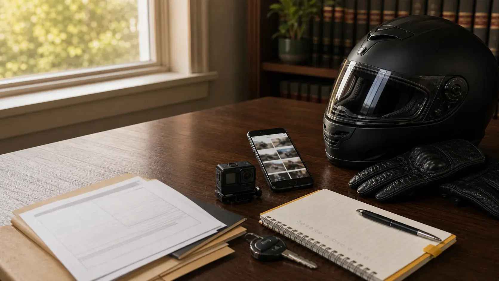 Motorcycle helmet, action camera, phone photos, notebook, insurance papers, gloves, and keys arranged on a law office table