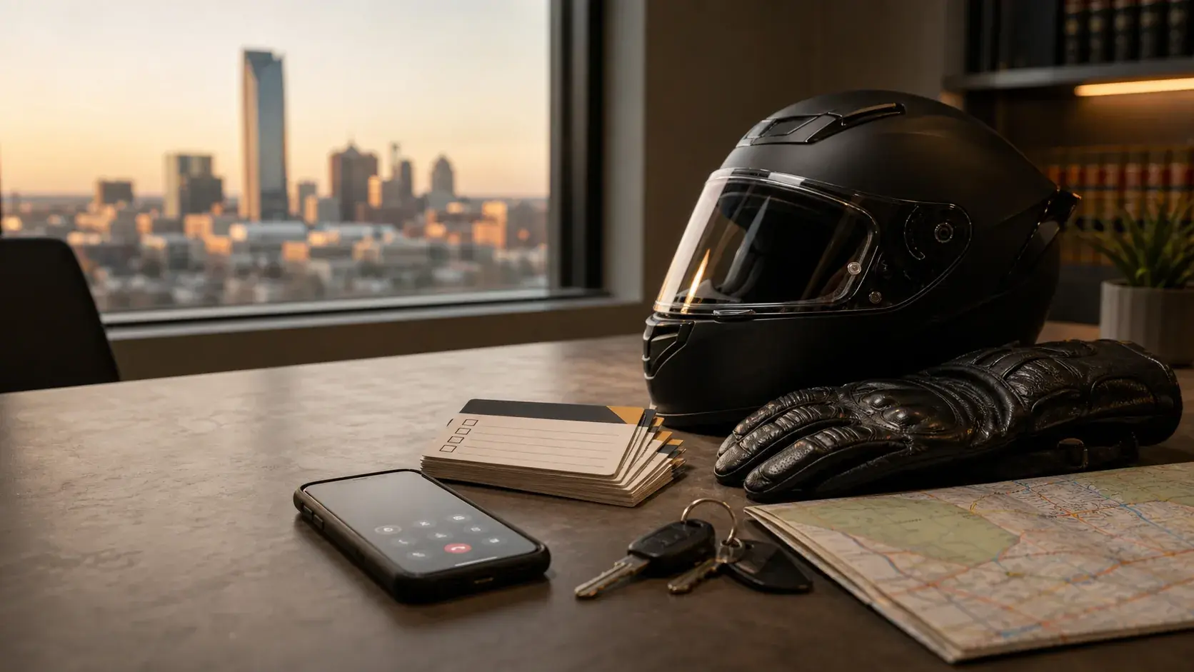 Motorcycle helmet, gloves, phone, keys, and organized checklist cards on a law office table with Oklahoma City in the window