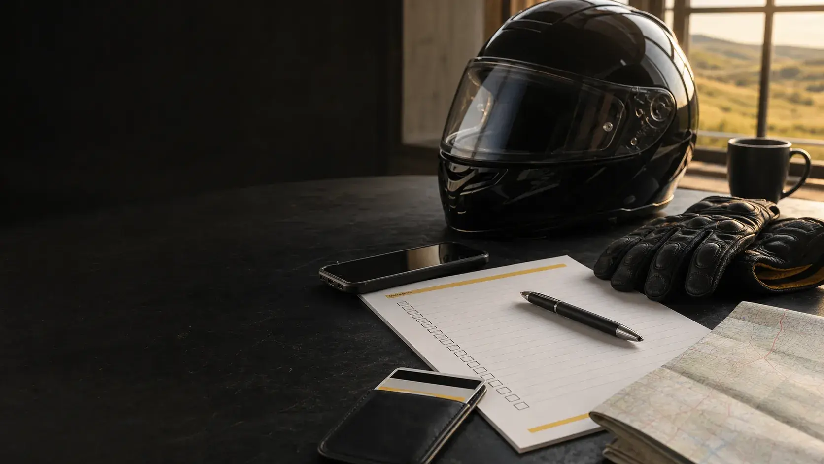 Motorcycle helmet and documents prepared for an Oklahoma crash checklist