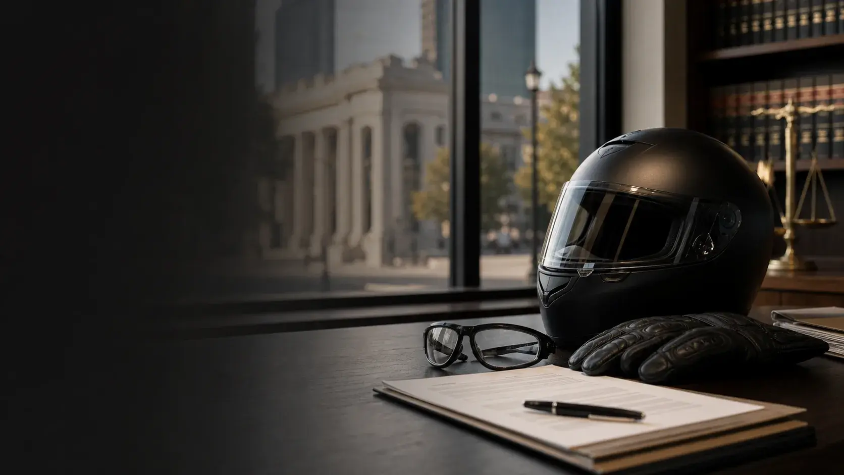 Motorcycle helmet, protective eyewear, gloves, and blank legal papers on a law office table
