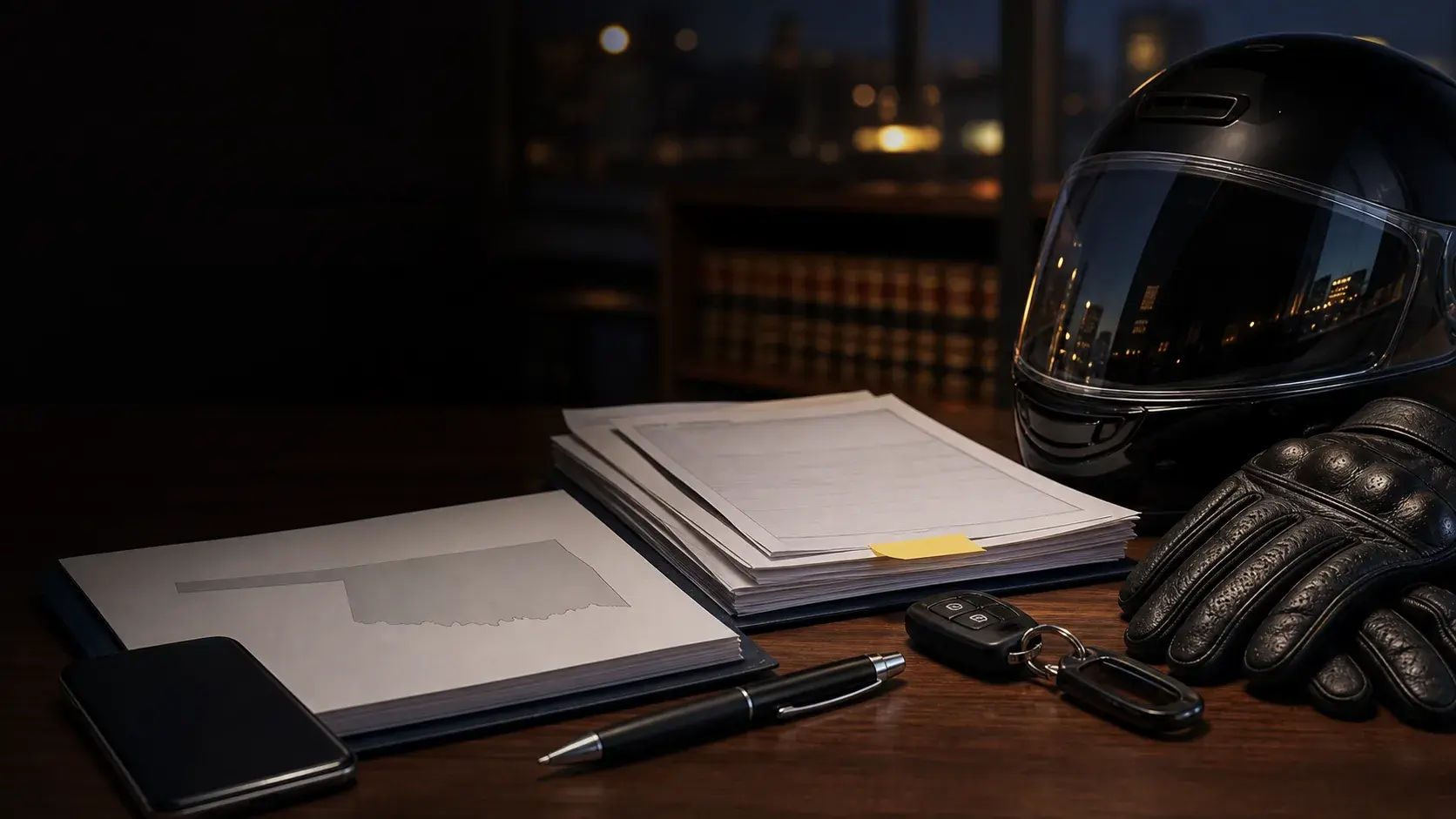 Motorcycle helmet, gloves, keys, and insurance papers on a law office table