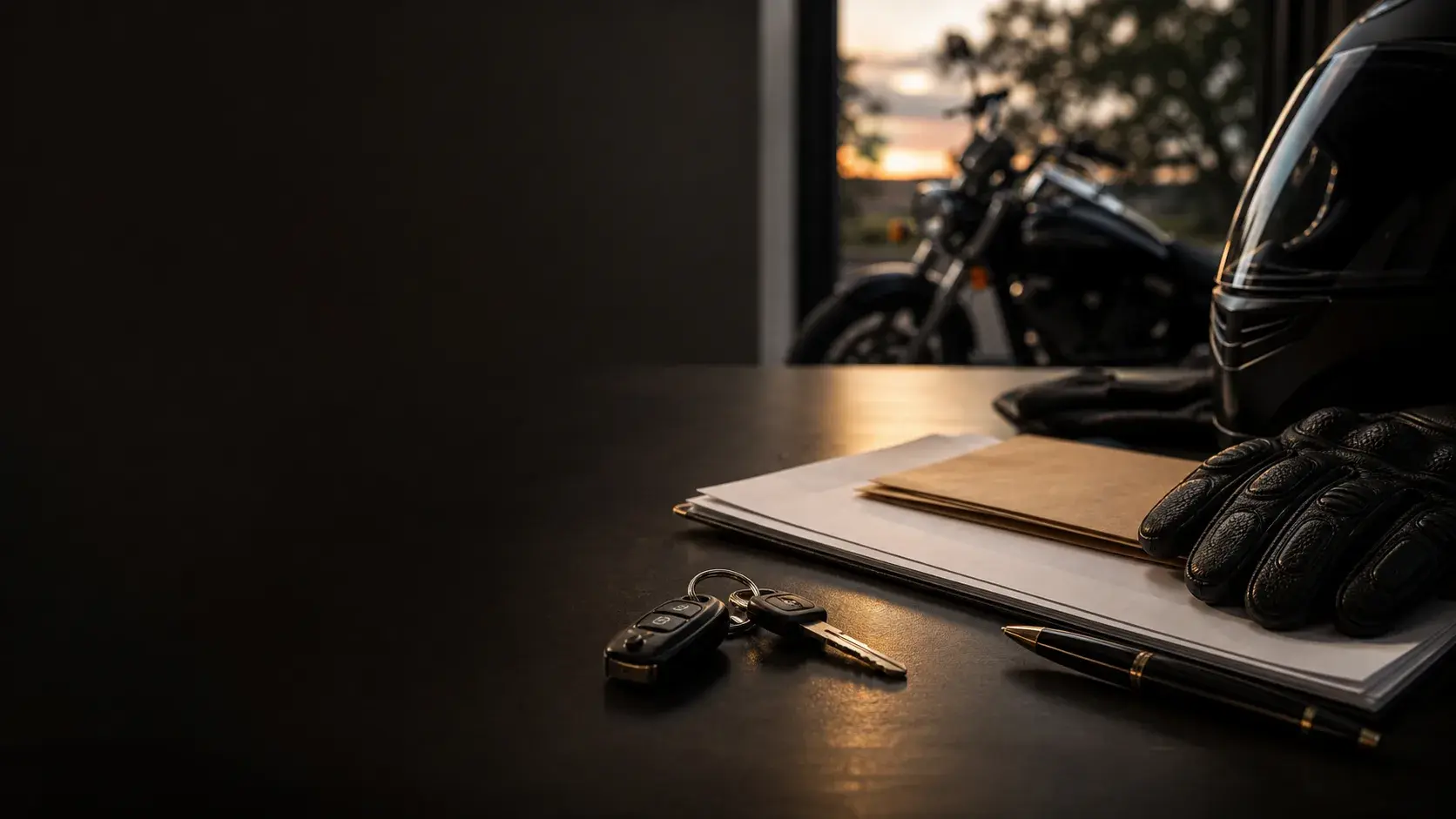 Motorcycle keys, gloves, helmet edge, and blank insurance papers arranged for a coverage review