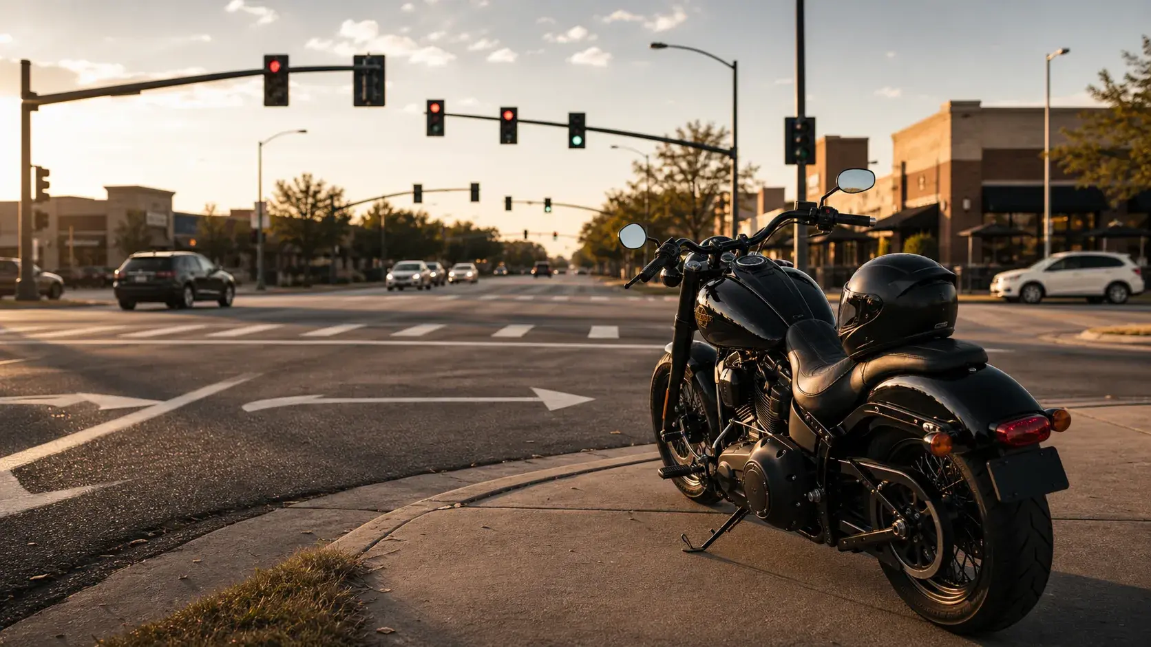 Motorcycle approaching an Oklahoma intersection with visible lanes, traffic controls, and turning traffic