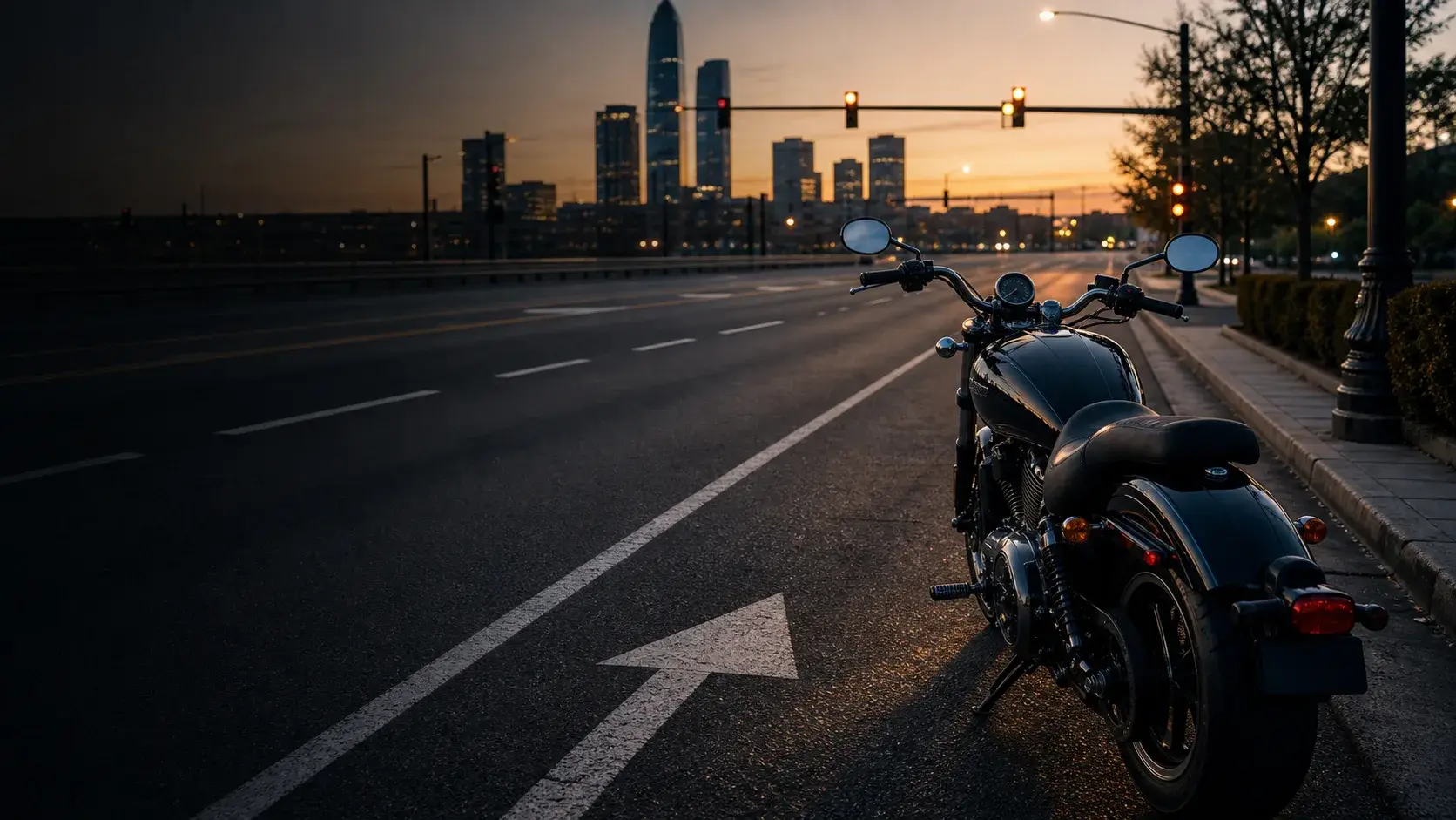 Parked motorcycle beside marked Oklahoma traffic lanes at dusk with downtown skyline in the distance