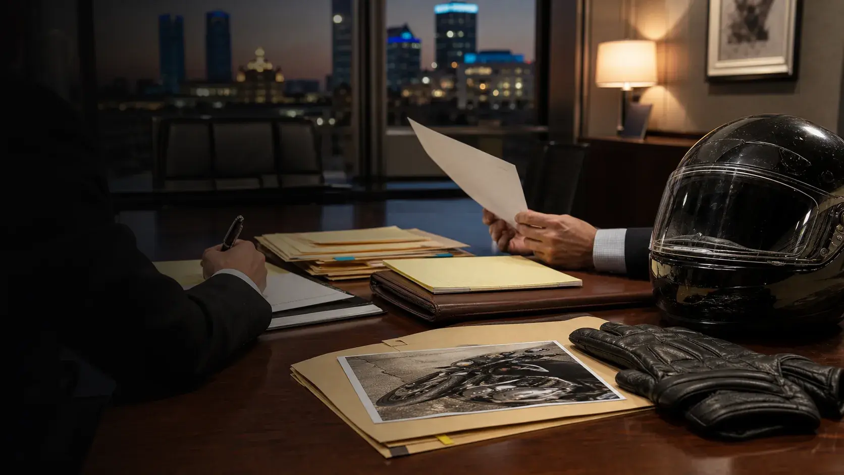 Oklahoma law office conference table with motorcycle helmet, case files, and city light through the window