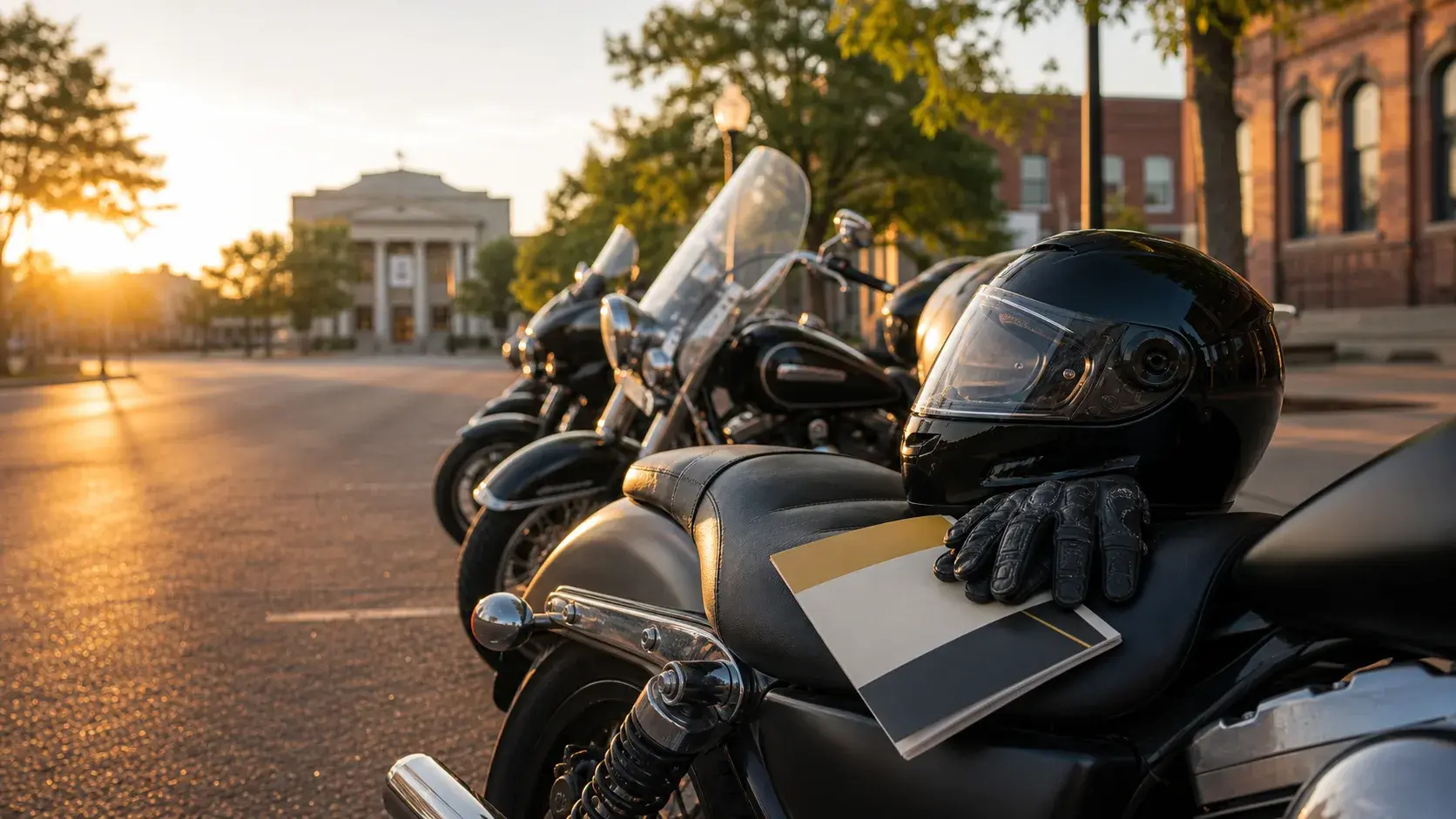 Parked motorcycles with a helmet and event folder near an Oklahoma courthouse square at sunrise