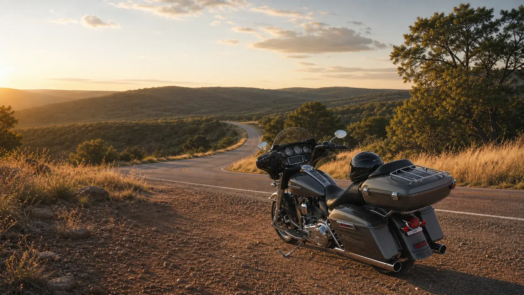 Unbranded touring motorcycle parked in a gravel Oklahoma scenic turnout beside a winding road at sunset
