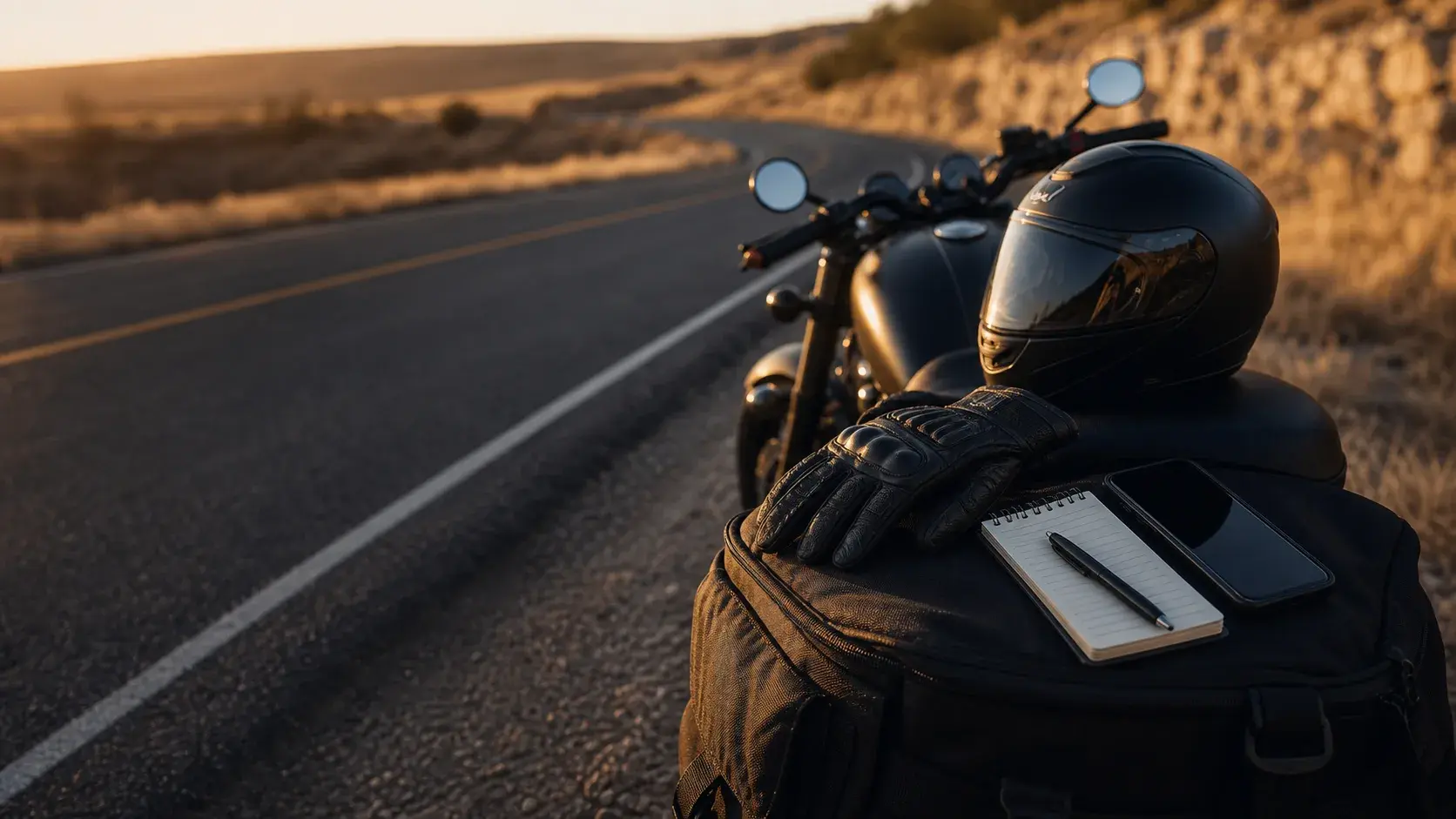 Motorcycle helmet, gloves, phone, and small notebook arranged safely beside an Oklahoma roadside turnout