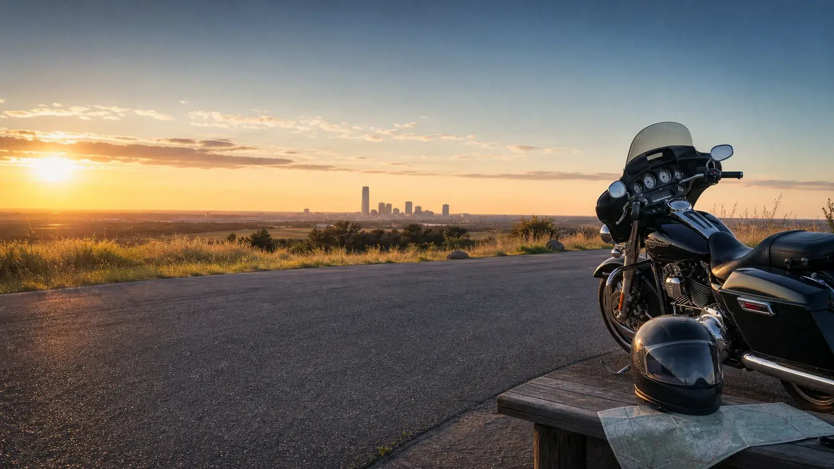 Parked touring motorcycle and helmet overlooking the Oklahoma City skyline at sunrise