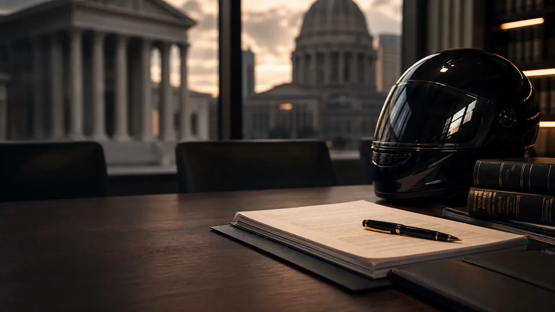 Motorcycle helmet, written agreement papers, pen, and law books in an Oklahoma conference room