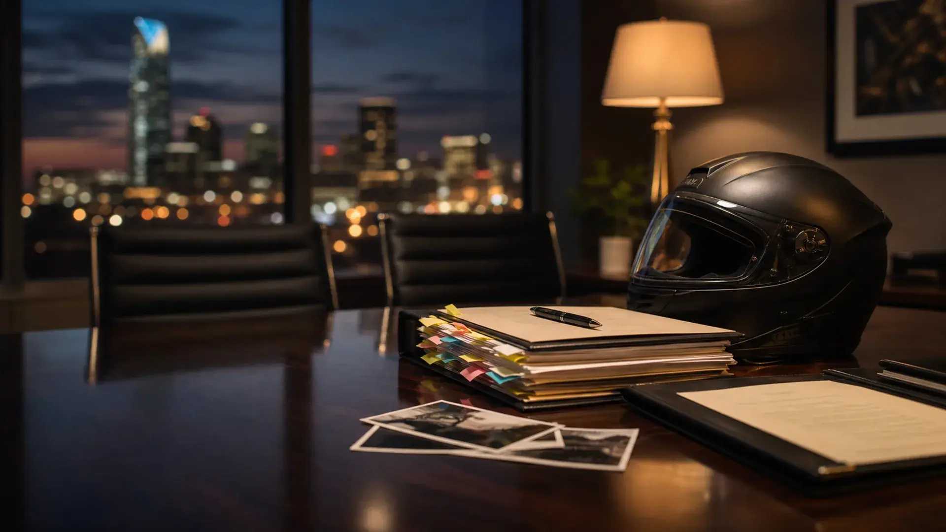 Motorcycle helmet, organized case file, evidence photos, and lawyer-review papers in an Oklahoma law office